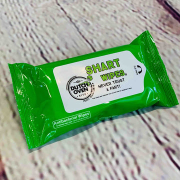 Picture of 1 pack of Shart Wipes antibacterial hand and surface wipes on a wood background