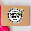 a large dutch oven kits logo sticker on a brown box. dutch oven kits fart blankets