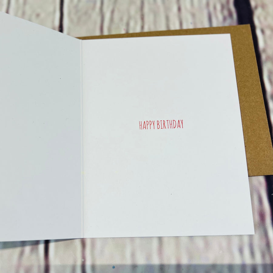 Inside of the card. White with Happy Birthday in red font.
