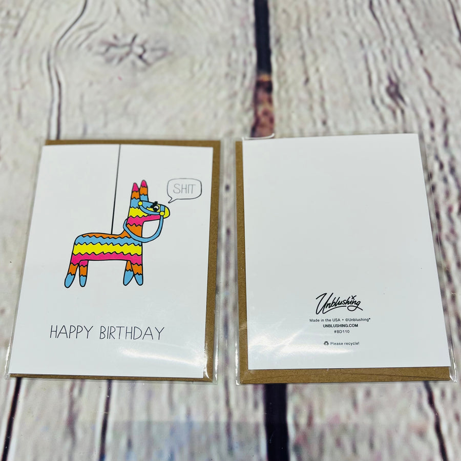 Picture of the front and back of the card. Front: White card on a brown envelope. Card shows a rainbow pinata saying, 