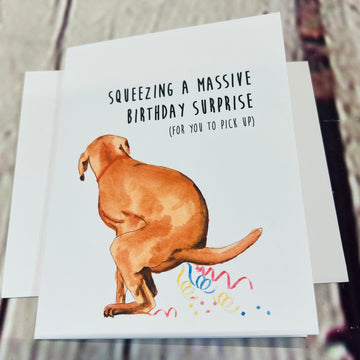 Front of Card showing an orange dog pooping confetti. Text says, 