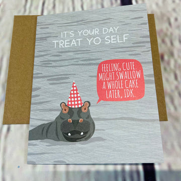 Front of the card which shows a hippo in a party hat saying, 