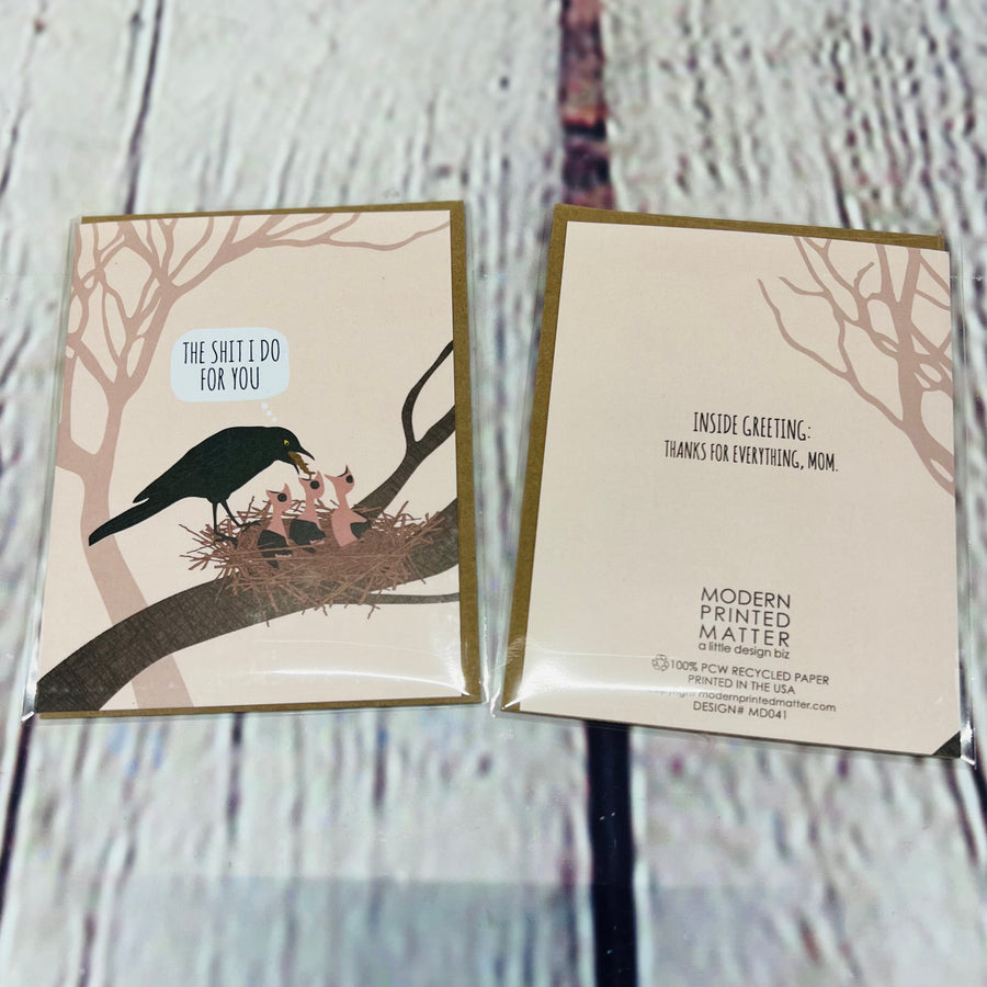 Picture showing the front and back of the cards. Front: Picture of the front of the card shows a mother bird. barfing into a baby bird's mouth as she thinks, 