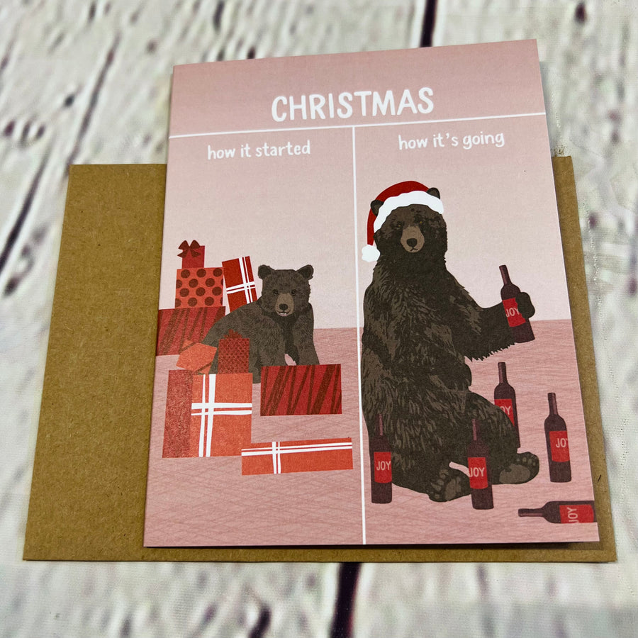 Card with a picture of two bears. Left side says how it started. Right side says how its  going.